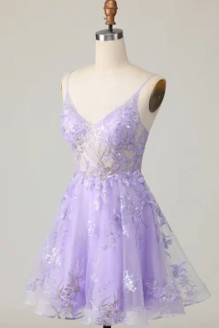 Vestido roxo A Line Tulle Homecoming com apliques