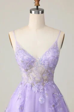 Vestido roxo A Line Tulle Homecoming com apliques