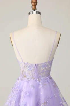 Vestido roxo A Line Tulle Homecoming com apliques