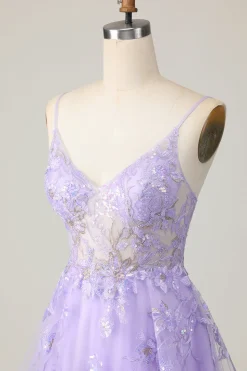 Vestido roxo A Line Tulle Homecoming com apliques