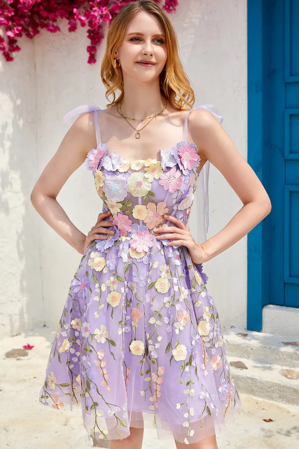 Vestido roxo bonito Corset Homecoming com flores 3D