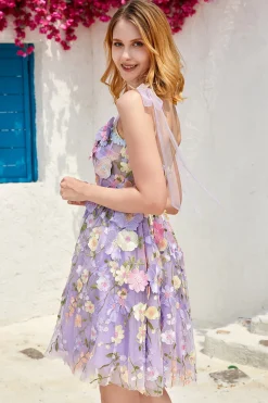 Vestido roxo bonito Corset Homecoming com flores 3D
