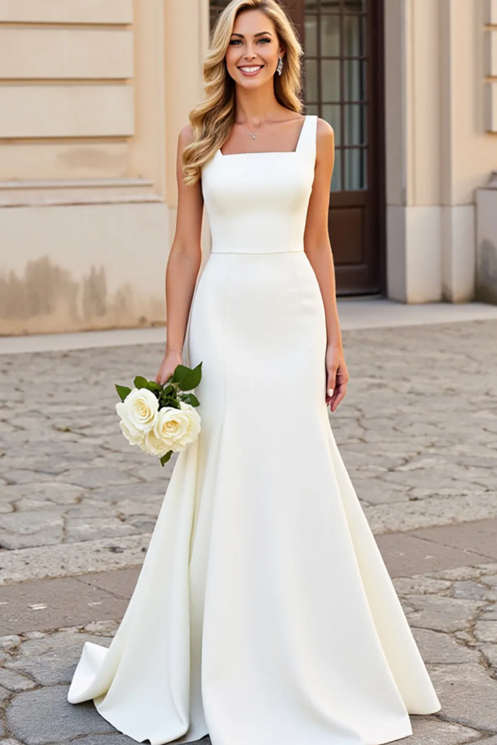 Vestido Sereia Branco Pescoço Quadrado Cetim Sweep/Brush Trem Vestido de Noiva