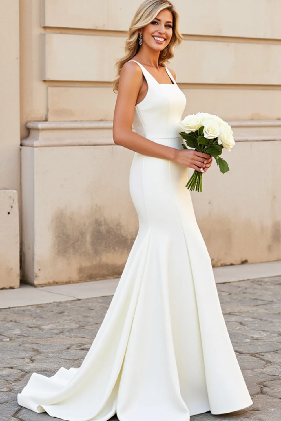 Vestido Sereia Branco Pescoço Quadrado Cetim Sweep/Brush Trem Vestido de Noiva