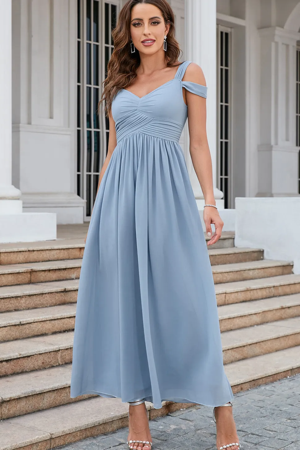 Vestido simples de baile de mangas frias azuis cinzentas