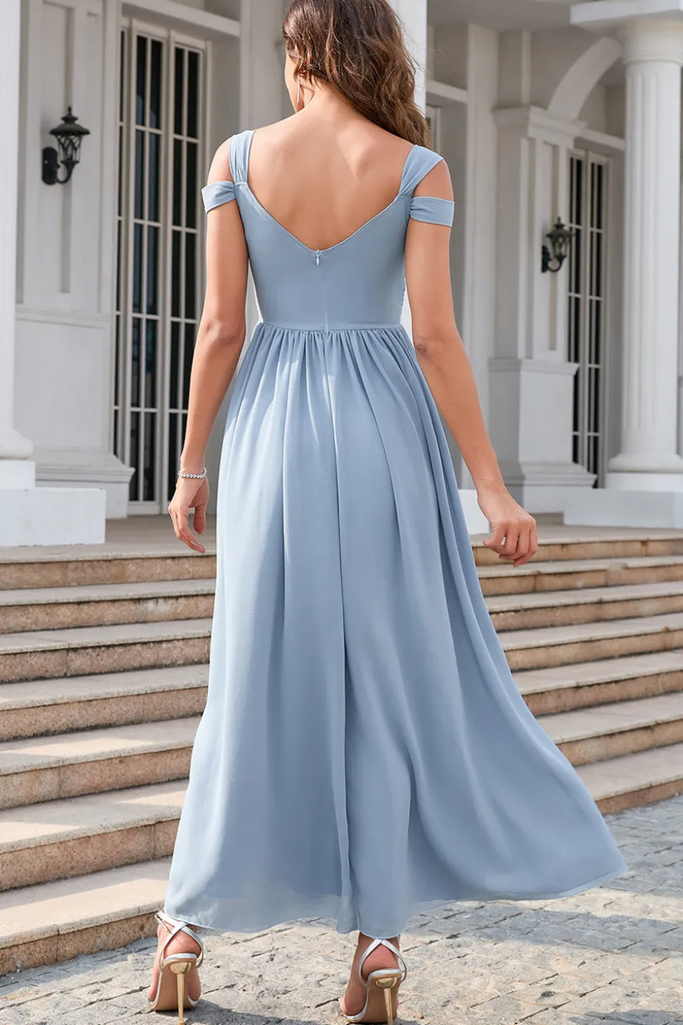 Vestido simples de baile de mangas frias azuis cinzentas
