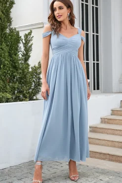 Vestido simples de baile de mangas frias azuis cinzentas