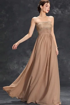 Vestido Simples Khaki A-Line Strapless Chiffon Long Prom
