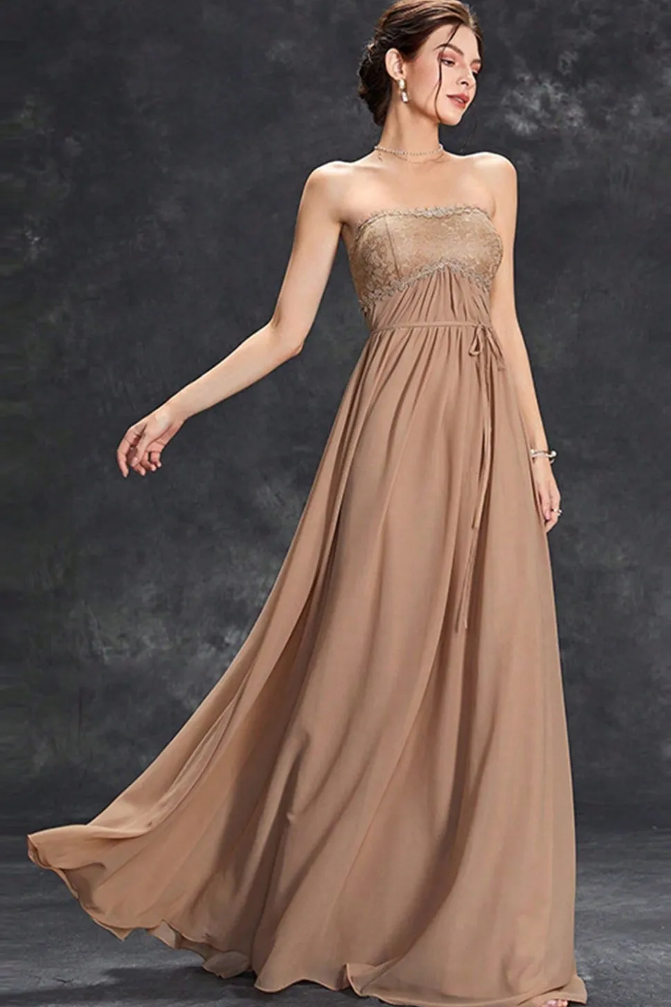Vestido Simples Khaki A-Line Strapless Chiffon Long Prom