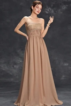 Vestido Simples Khaki A-Line Strapless Chiffon Long Prom