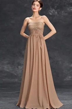 Vestido Simples Khaki A-Line Strapless Chiffon Long Prom