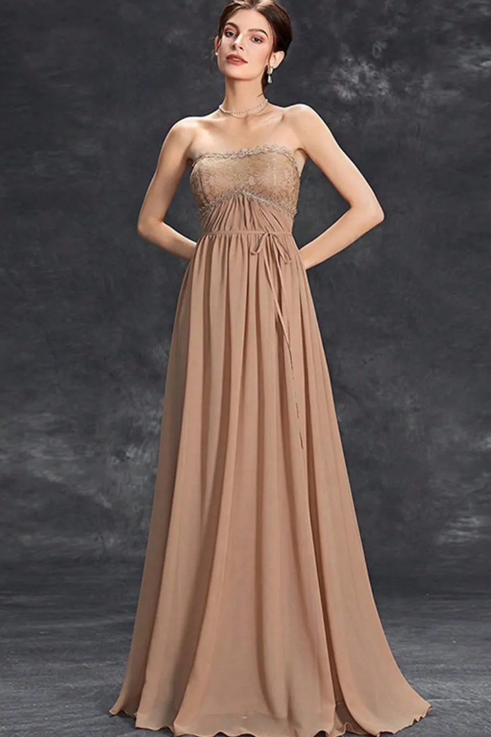 Vestido Simples Khaki A-Line Strapless Chiffon Long Prom