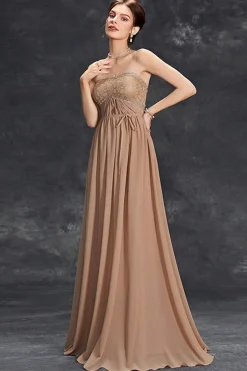 Vestido Simples Khaki A-Line Strapless Chiffon Long Prom