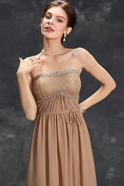 Vestido Simples Khaki A-Line Strapless Chiffon Long Prom
