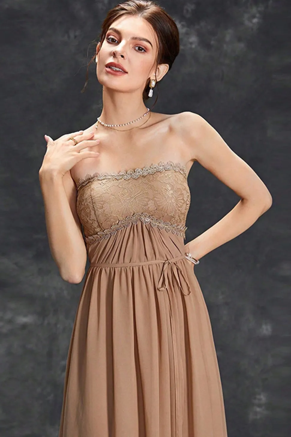 Vestido Simples Khaki A-Line Strapless Chiffon Long Prom