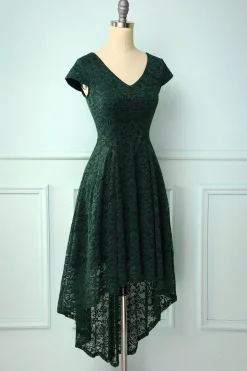 Vestido verde escuro com renda alta e baixa
