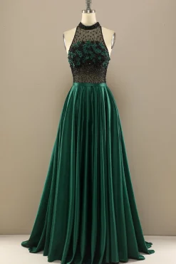 Vestido Verde Escuro Longo Frisada Baile Com Flores
