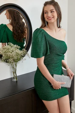 Vestido verde um ombro glitter Festa vestido