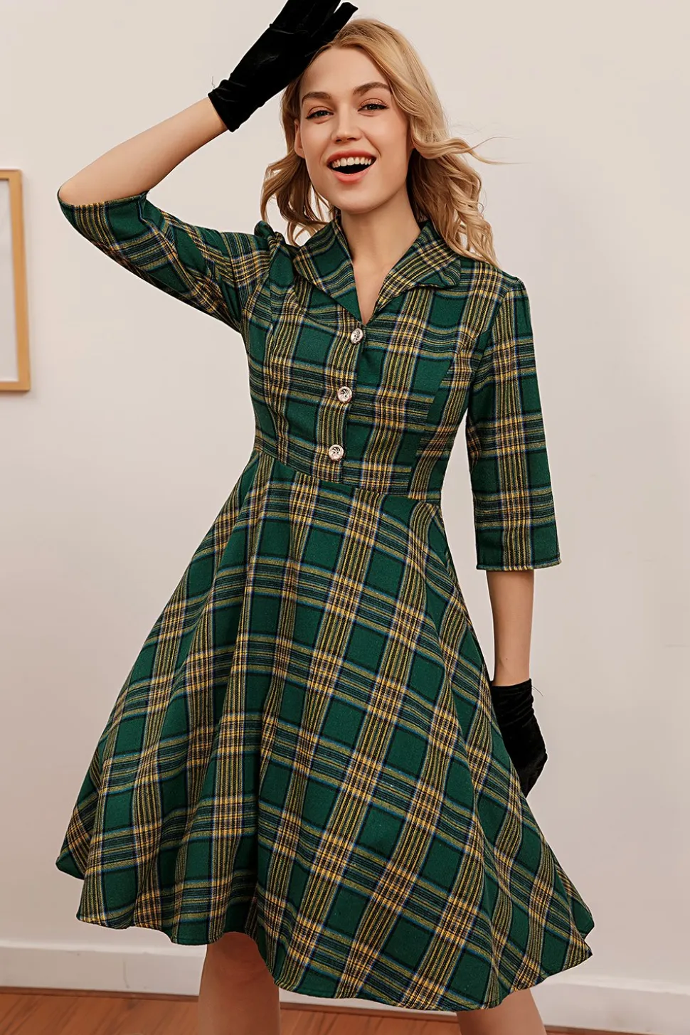 Vestido verde xadrez 3/4 manga