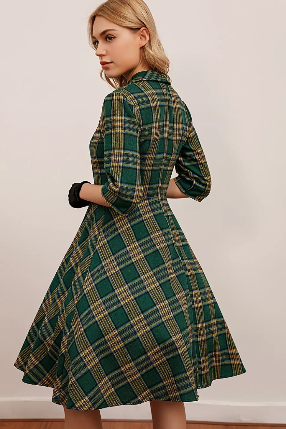 Vestido verde xadrez 3/4 manga