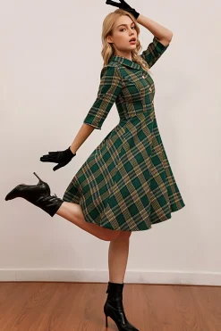 Vestido verde xadrez 3/4 manga