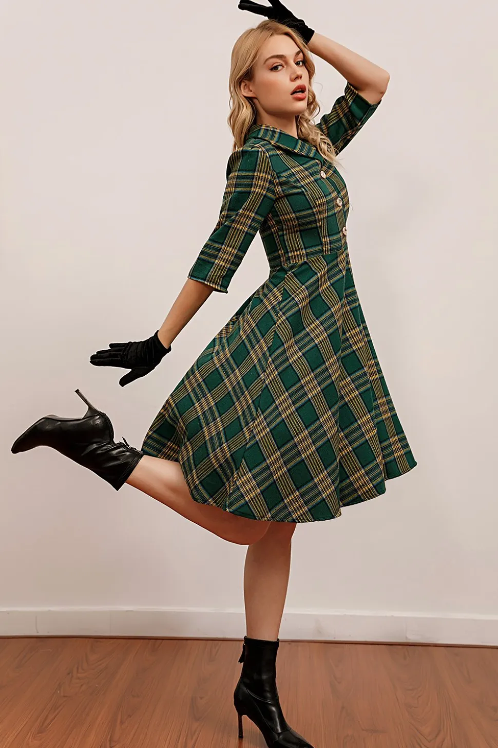 Vestido verde xadrez 3/4 manga