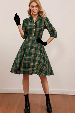 Vestido verde xadrez 3/4 manga