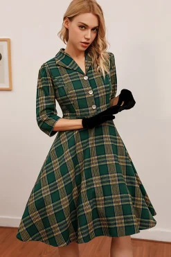 Vestido verde xadrez 3/4 manga