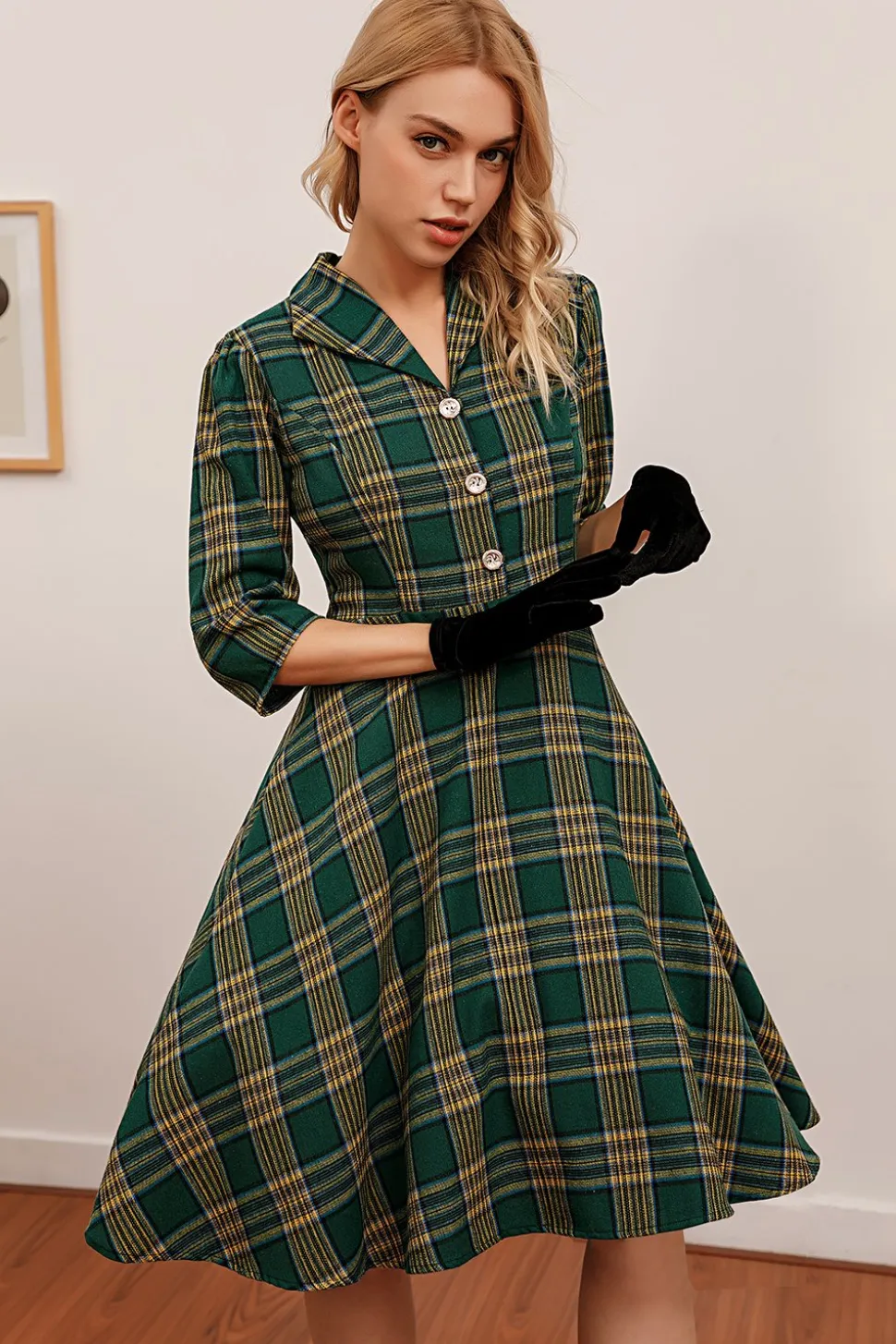 Vestido verde xadrez 3/4 manga