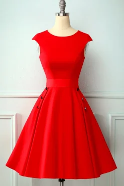 Vestido vermelho do balanço dos anos 50 do botão vermelho