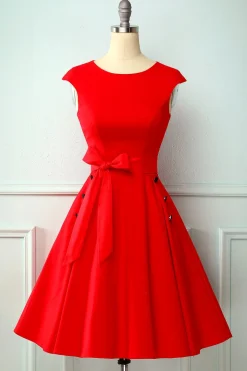 Vestido vermelho do balanço dos anos 50 do botão vermelho