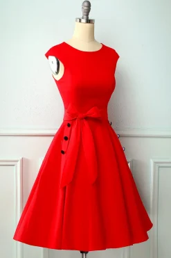 Vestido vermelho do balanço dos anos 50 do botão vermelho