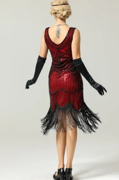 Vestido vermelho e preto Deep V Neck Flapper 1920