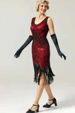 Vestido vermelho e preto Deep V Neck Flapper 1920