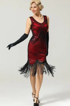 Vestido vermelho e preto Deep V Neck Flapper 1920
