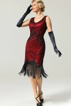 Vestido vermelho e preto Deep V Neck Flapper 1920