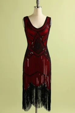 Vestido vermelho e preto Deep V Neck Flapper 1920