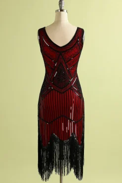 Vestido vermelho e preto Deep V Neck Flapper 1920