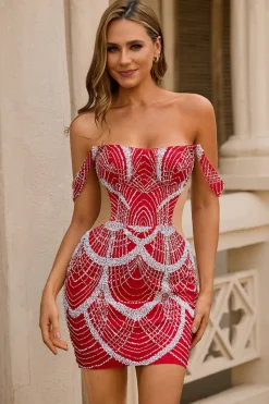 Vestido vermelho fora do ombro Bodycon Homecoming com lantejoulas