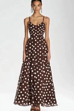Vestido Verão Alças Finas Linha-A Longo Chiffon Café Branco Dot