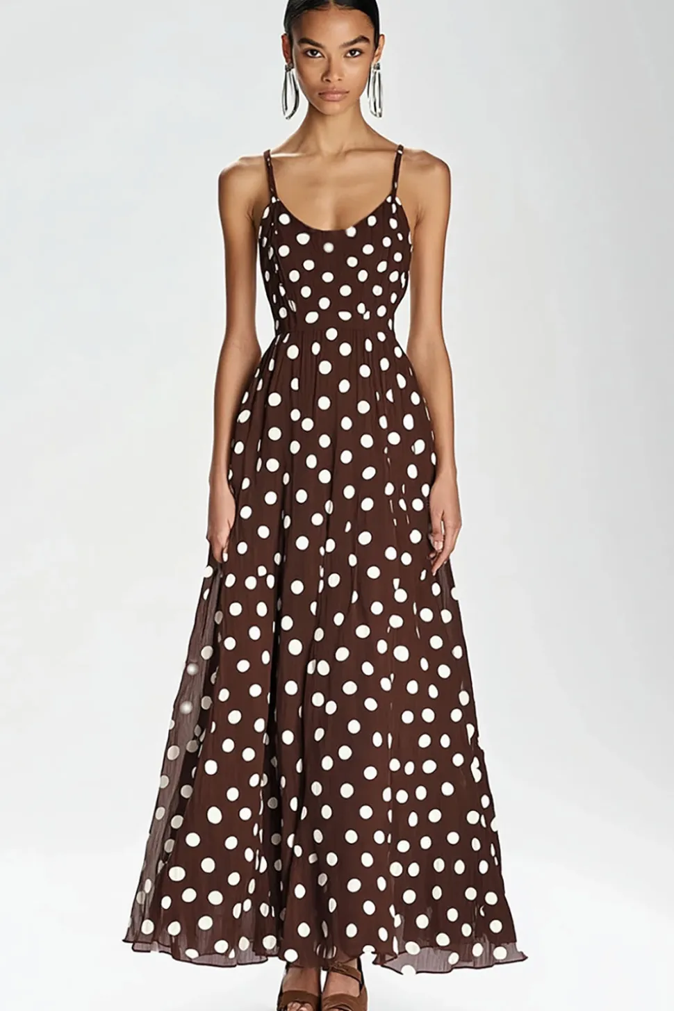 Vestido Verão Alças Finas Linha-A Longo Chiffon Café Branco Dot