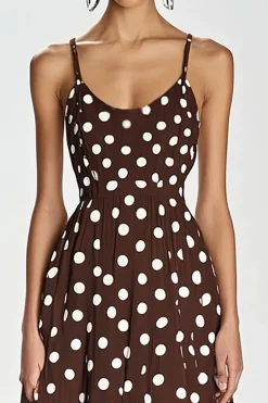 Vestido Verão Alças Finas Linha-A Longo Chiffon Café Branco Dot