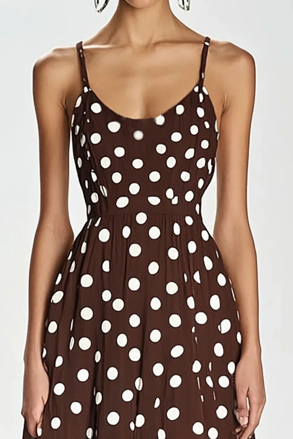 Vestido Verão Alças Finas Linha-A Longo Chiffon Café Branco Dot