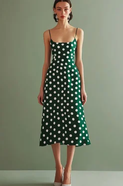 Vestido Verão Alças Finas Linha-A Midi Ponto Branco Verde