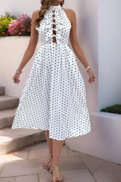 Vestido Verão Branco Preto Polka Dot Midi Cabeçada Linha-A