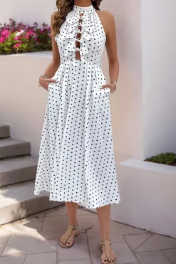 Vestido Verão Branco Preto Polka Dot Midi Cabeçada Linha-A
