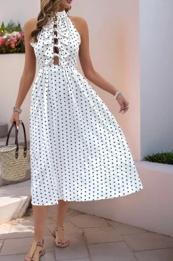 Vestido Verão Branco Preto Polka Dot Midi Cabeçada Linha-A