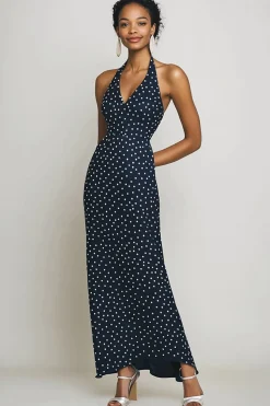 Vestido Verão Cabeçada Bainha Longo Ponto Branco Marinha
