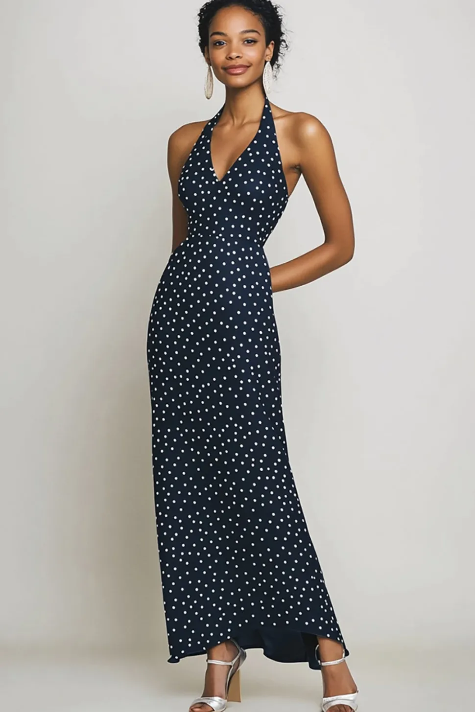 Vestido Verão Cabeçada Bainha Longo Ponto Branco Marinha