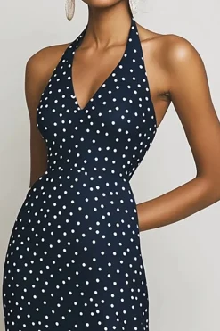 Vestido Verão Cabeçada Bainha Longo Ponto Branco Marinha